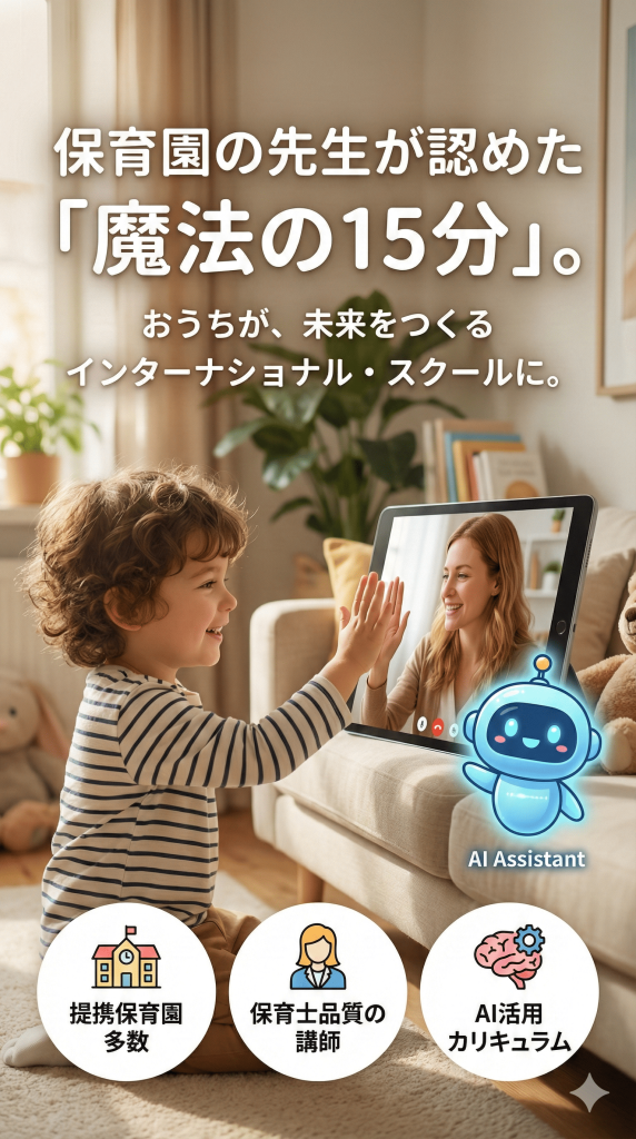 保育園の先生が認めた「魔法の15分」。おうちが未来をつくるインターナショナル・スクールに。リビングでタブレット越しにネイティブ講師と笑顔でハイタッチする幼児の様子。横にAIアシスタントのキャラクター。提携保育園多数、保育士品質の講師、AI活用カリキュラムの特長バッジ。