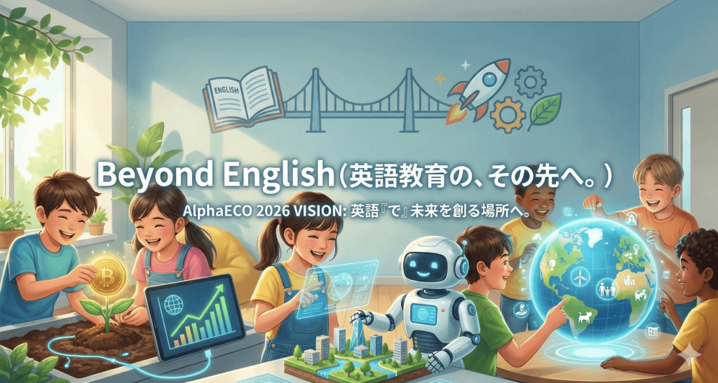 Beyond English(英語教育のその先へ)
AlphaECO2026 VISION: 英語「で」未来を創る場所へ
「犬山市の英会話教室アルファエコ 2026年新ビジョン『Beyond English』。AIや地球儀などのデジタルツールを使い、笑顔で未来を学ぶ子供たち。英語で未来を創るハイブリッド・スクール」