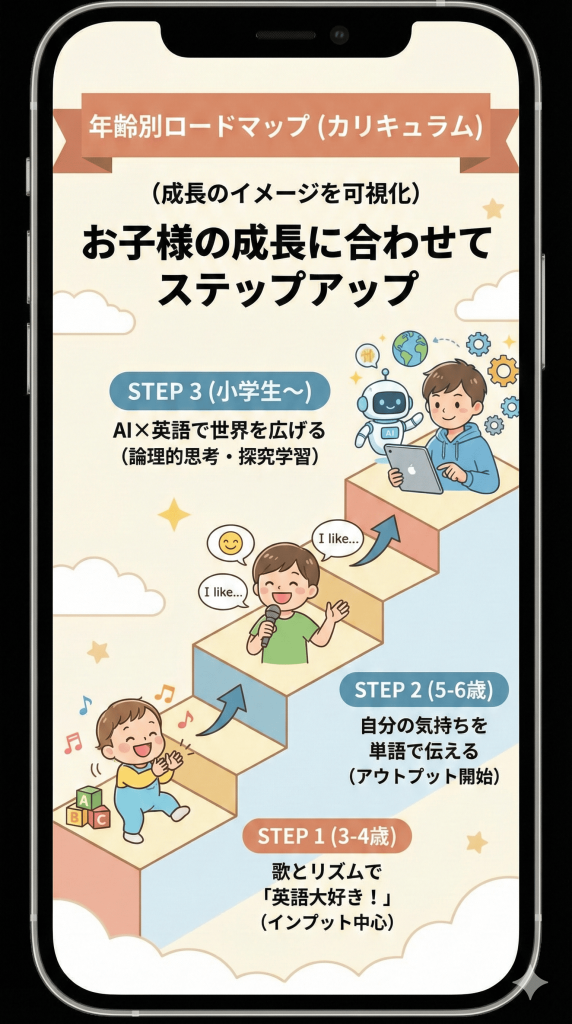 年齢別ロードマップ。幼児期（3〜6歳・ファンデーションコース）で「英語脳」の土台を作り、小学生（6〜12歳・アドバンスコース）で「世界とつながる」応用力を身につける階段状のステップ図。