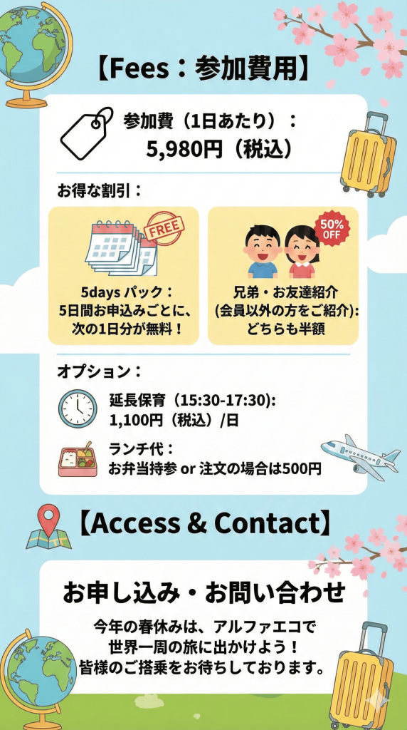 Spring Campの参加費用とアクセス情報を示すインフォグラフィック。「参加費（1日あたり）: 5,980円（税込）」。割引情報として「5daysパック: 5日間で1日分無料」「兄弟・お友達紹介: どちらも半額」。オプションとして「延長保育: 1,100円/日」「ランチ代: 500円」。下部に「Access & Contact お申し込み・お問い合わせ」として、世界一周の旅への参加を促すメッセージと地図、スーツケースのイラストがある。